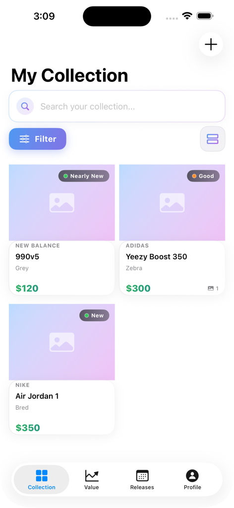 Shoebox - Sneaker Collection - Shoebox app My Collection screen showing sneaker inventory with prices and condition status