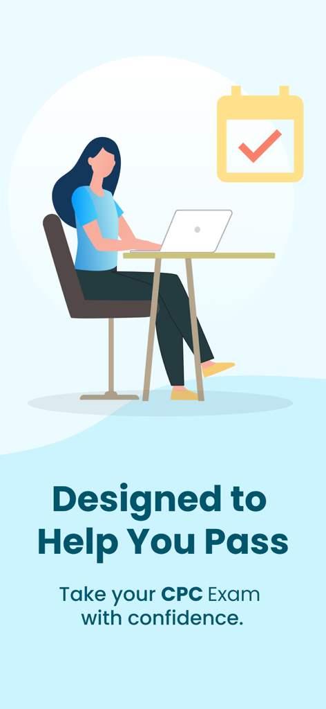 Medical Coding - CPC Exam Prep - Ilustración de una mujer estudiando en un portátil con un símbolo de marca de verificación de calendario para prepararse para el examen CPC con confianza