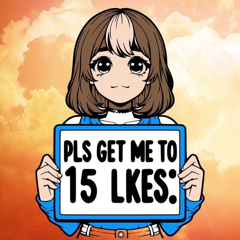 realistic girl holding up a sign that says “pls get me to 15 likes!”