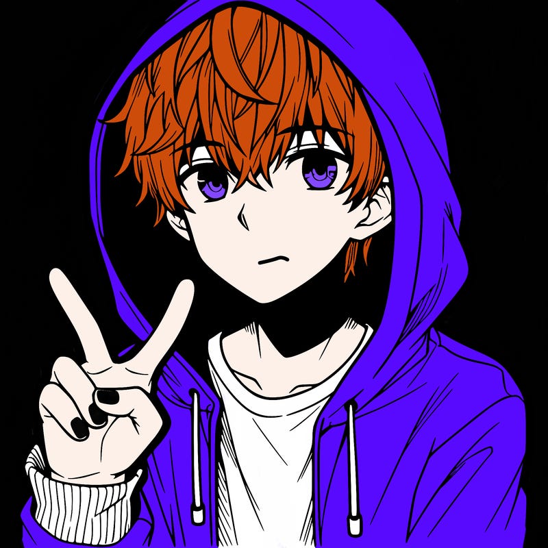 teenage manga boy in a hoodie, doing ✌