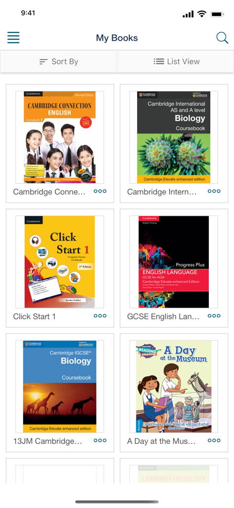 Cambridge Reader - Digital library view in the Cambridge Reader app showing textbook covers for various subjects like Biology and English