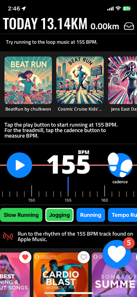 BeatRun Pro app dashboard showing running distance and music synchronization at 155 BPM