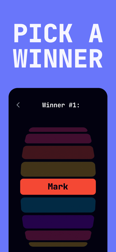 Interface do aplicativo Roda da Sorte mostrando Mark como o vencedor selecionado