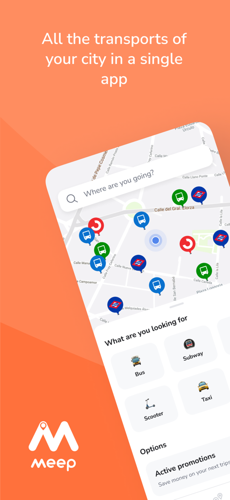 버스, 지하철, 스쿠터 등 통합된 교통 옵션이 표시된 도시 지도가 있는 Meep 앱 인터페이스