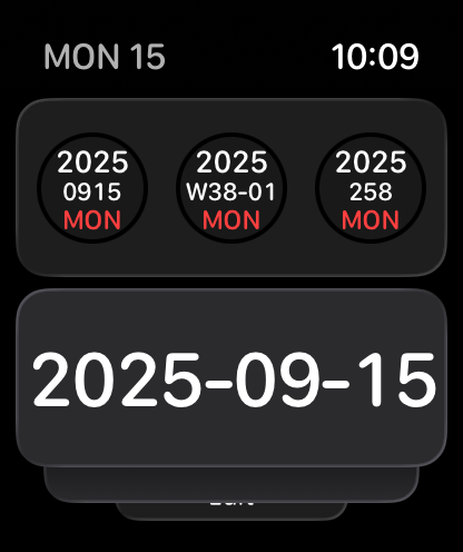 Apple Watch display showing today's date in ISO 8601 format