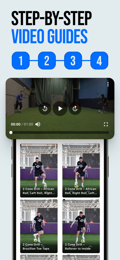 Step-by-step video guides for soccer training drills in the RicFit app