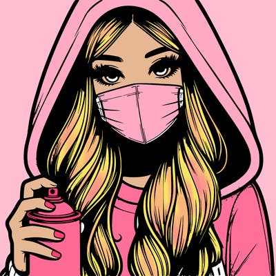 girl wearing a mask with long hair with her hood up spray-painting realistic