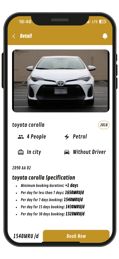 Kriliy Cars 모바일 앱 화면, Toyota Corolla 렌탈 세부 정보 및 가격 표시