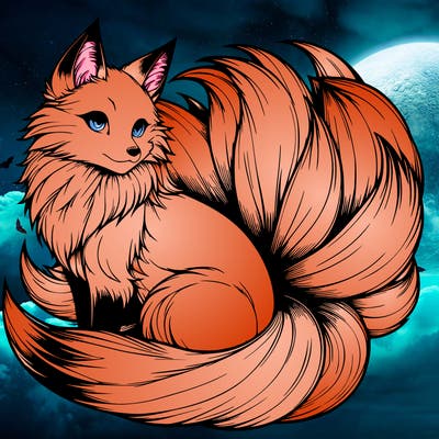 realistic detailed 9 tailed anime fox