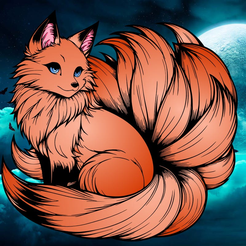 realistic detailed 9 tailed anime fox