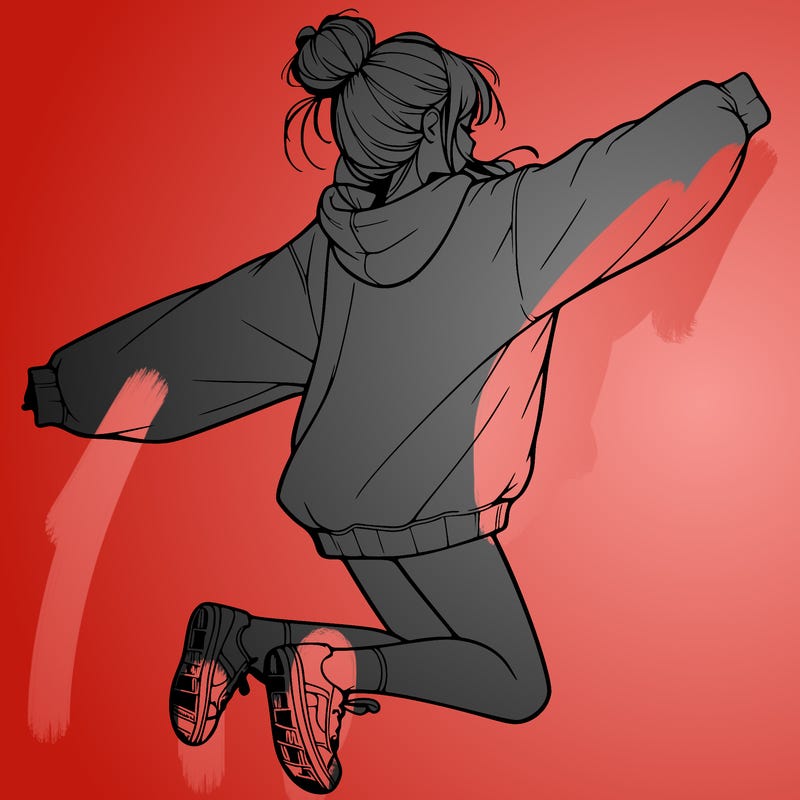 realistic girl jumping with a bun and oversized sweatshirt