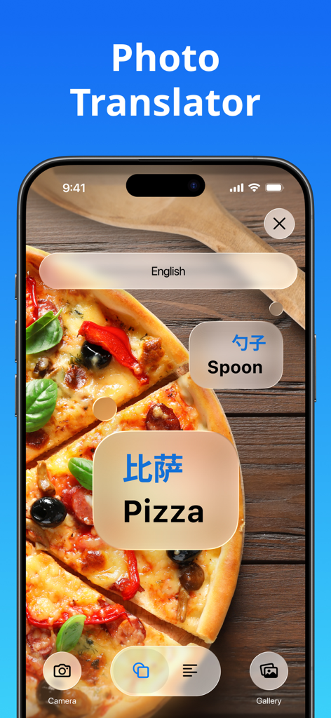 Smartphone screen displaying the photo translator feature with translations for pizza and spoon