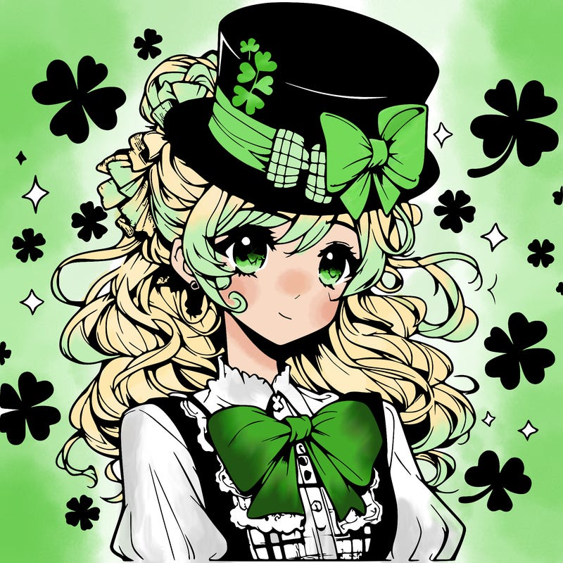 a manga-style girl with clovers around her, a little hat in her hair, like it's saint patrick's day