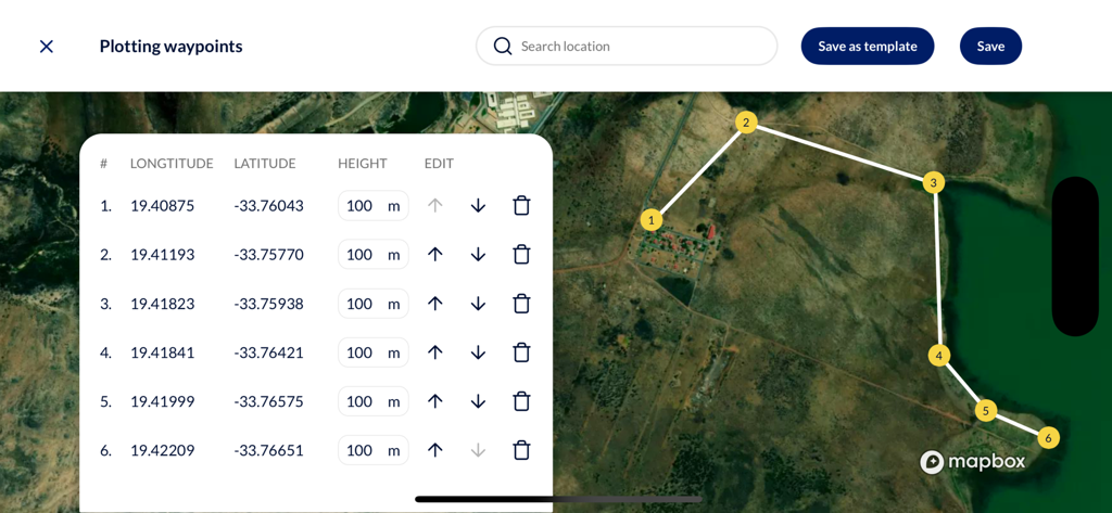 Map interface showing plotted waypoints with GPS coordinates in the Tetra app