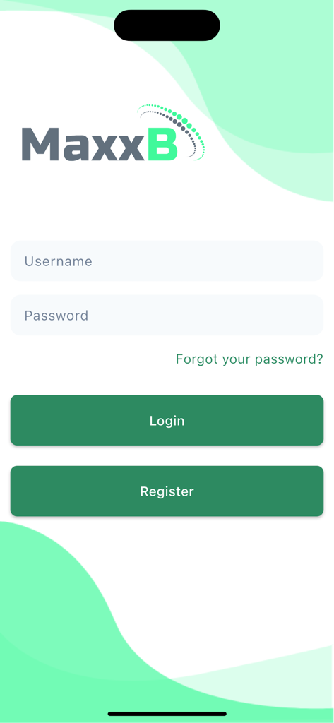 MaxxB - Login and registration screen for the MaxxB internet management app