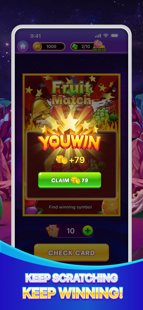 Scratch and Win Daily mobile game screen showing a Fruit Match winning reveal for 79 coins.