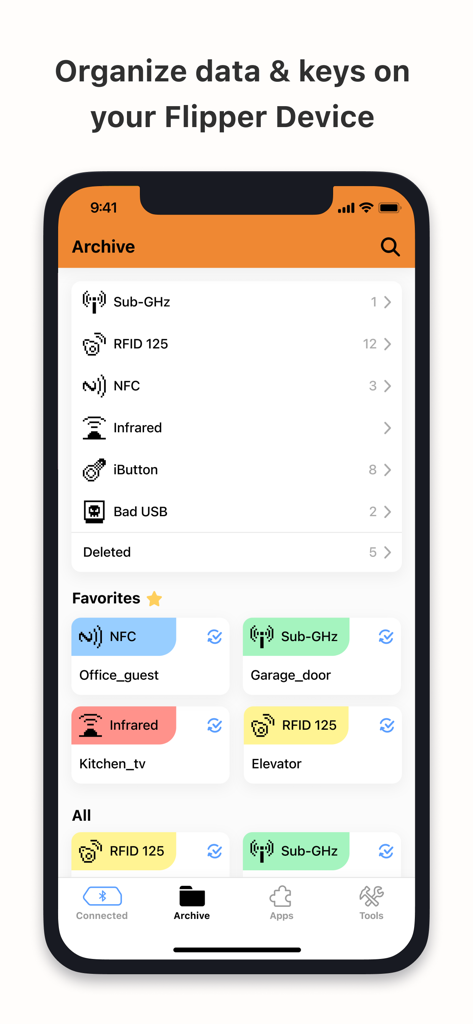 Flipper Mobile App archive interface displaying digital key management for NFC RFID and Infrared signals
