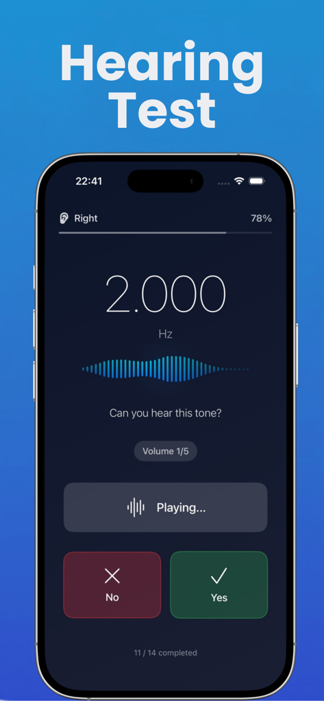 Hearing Aid - Sound Booster - Interfaz de la aplicación Hearing Aid mostrando una prueba de audición interactiva con un tono de frecuencia de 2000 Hz.