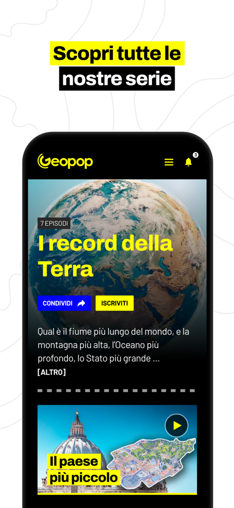 Geopop mobile app interface displaying scientific video series about Earth and geography