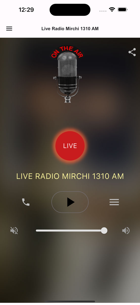 Radio Mirchi 1310 AM - Radio Mirchi 1310 AM live radio player screen with playback controls and volume slider