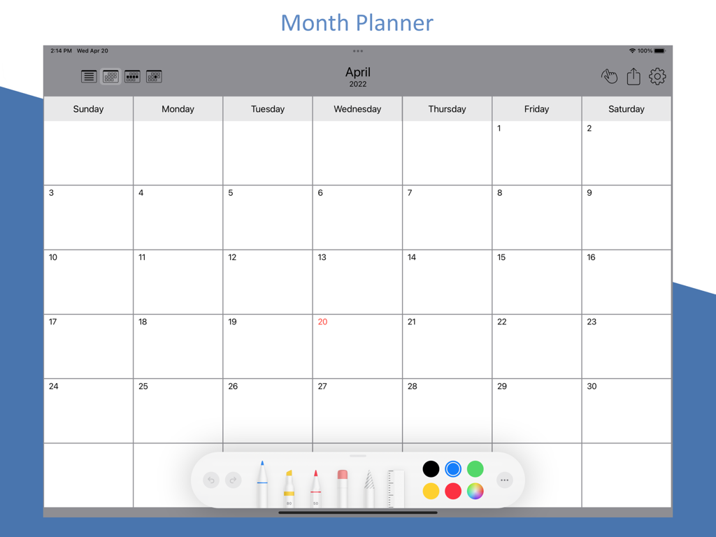 Monthly planner interface on an iPad showing a blank calendar grid for April with a digital handwriting toolbar at the bottom