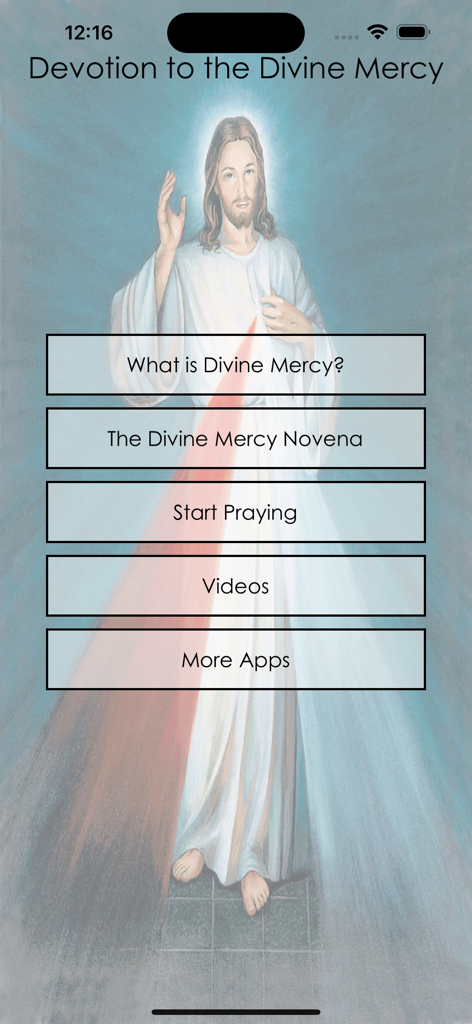 My Chaplet of Divine Mercy - Menú principal de la aplicación Mi Rosario de la Divina Misericordia con una imagen de la Divina Misericordia de Jesús.