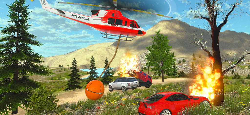 Helicopter Flying: Car Driving - A fire rescue helicopter carrying a water bucket over a burning red car in a mountainous landscape