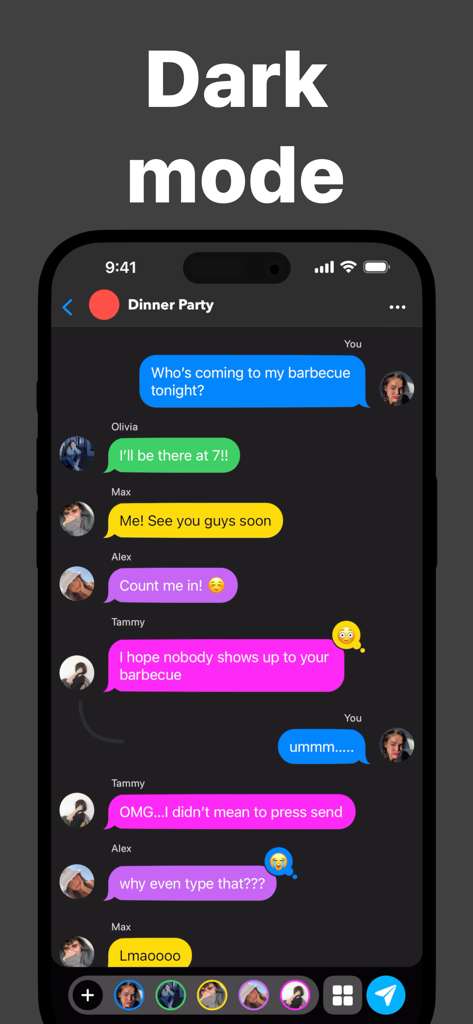 Text Story Maker - ChatTales - 화려한 말풍선으로 어두운 모드의 텍스트 스토리를 보여주는 ChatTales 앱 인터페이스.