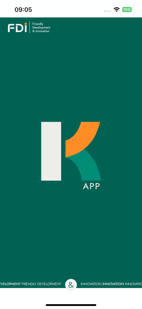 K-App mobile splash screen showing the stylized K logo and FDI company branding on a green background