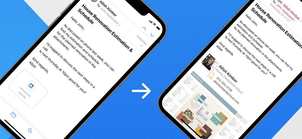 読めないwinmail.datファイルが、読める添付ファイル付きのメールに変換される前後の比較