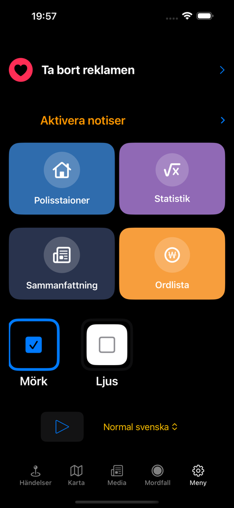 Blåljus  – True Crime Podcasts - The menu screen of the Blaljus app showing features like police stations, statistics, and dark mode settings.