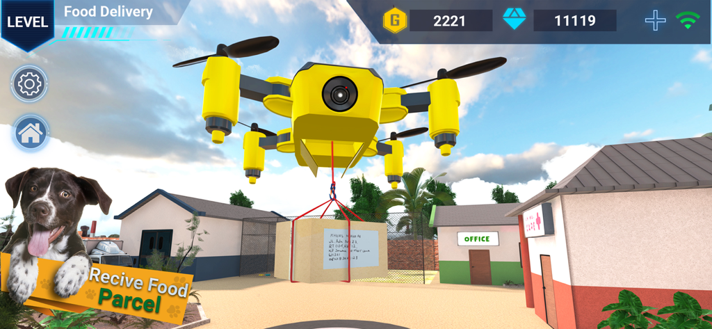 A yellow drone carrying a food parcel over a 3D pet shelter with a dog avatar in the foreground.