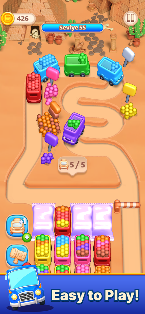 Color Bus Trip - 색상 코드가 있는 버스와 스틱맨 승객들이 분류되는 것을 보여주는 컬러 버스 트립의 사막 테마 레벨