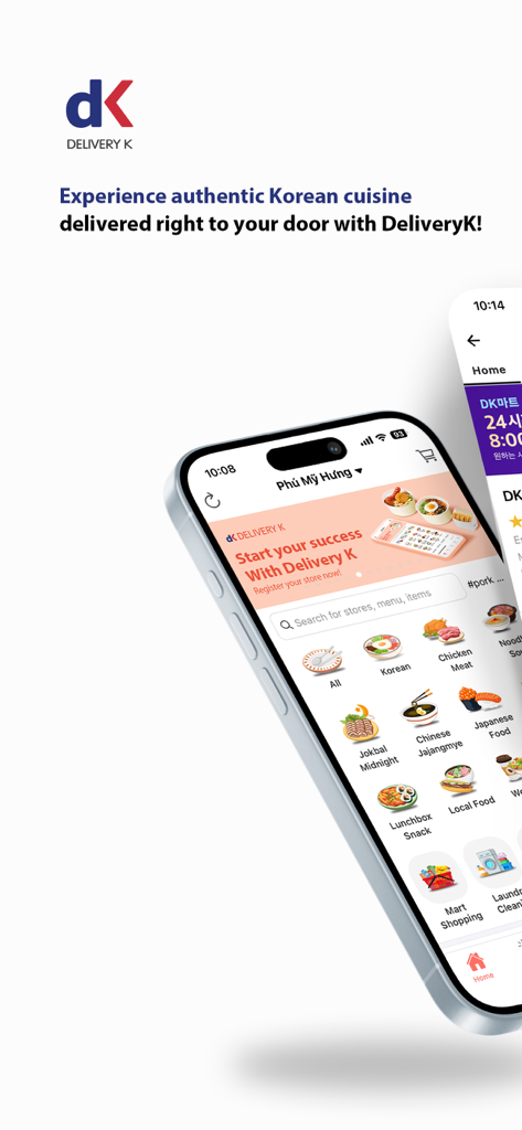 DELIVERY K - Interface do aplicativo móvel Delivery K mostrando opções de entrega de comida coreana e serviços locais no Sudeste Asiático
