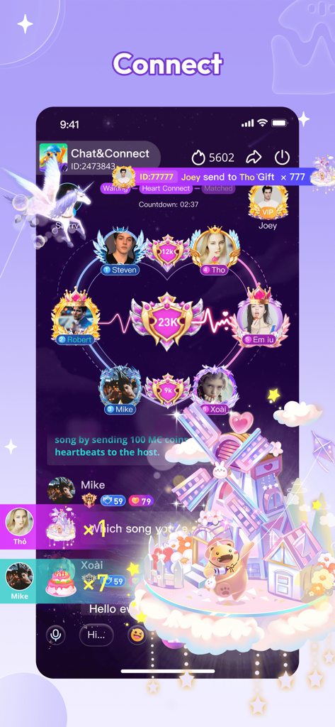 Whis-Chat, Party & Game - Whis app interface showing a voice chat room with user avatars in a heart shape and virtual gifting.