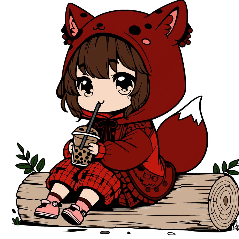 a cute anime realistic girl who is wearing a cute fox onesie and is drinking boba sitting on a log