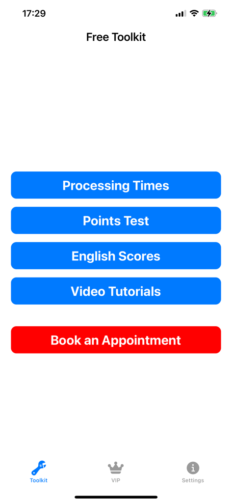 Aussie Visa Mate app interface showing the free toolkit menu with visa processing times and points test options