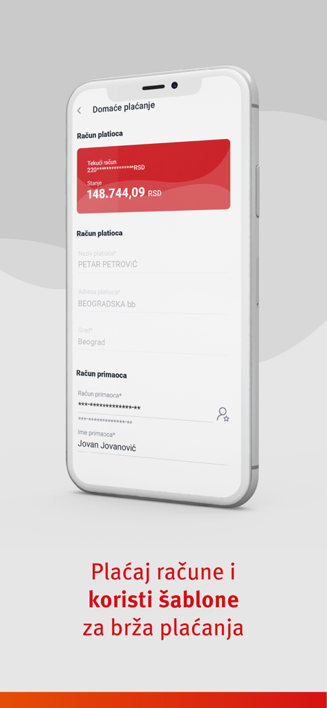 mBankar ProCredit Bank Srbija - Interface of mBankar mobile app for domestic payments and bill management