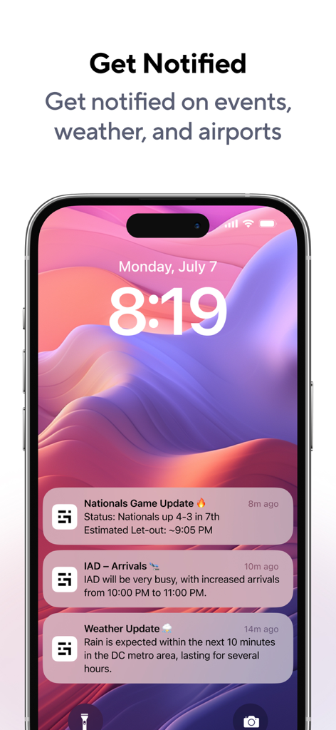 Gridwise: Gig-Driver Assistant - App mobile Gridwise che mostra notifiche per aggiornamenti di gioco, arrivi in aeroporto e aggiornamenti meteo