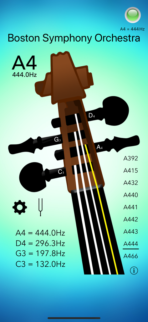 Viola Tuner Professional - Viola Tuner Professional app interface showing A4 calibration set to 444Hz for orchestra tuning.