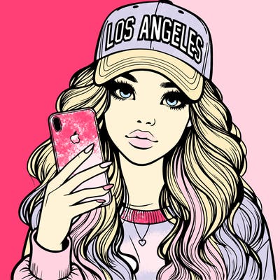 realistic beautiful girl wearing los ángeles cap holding an iphone
