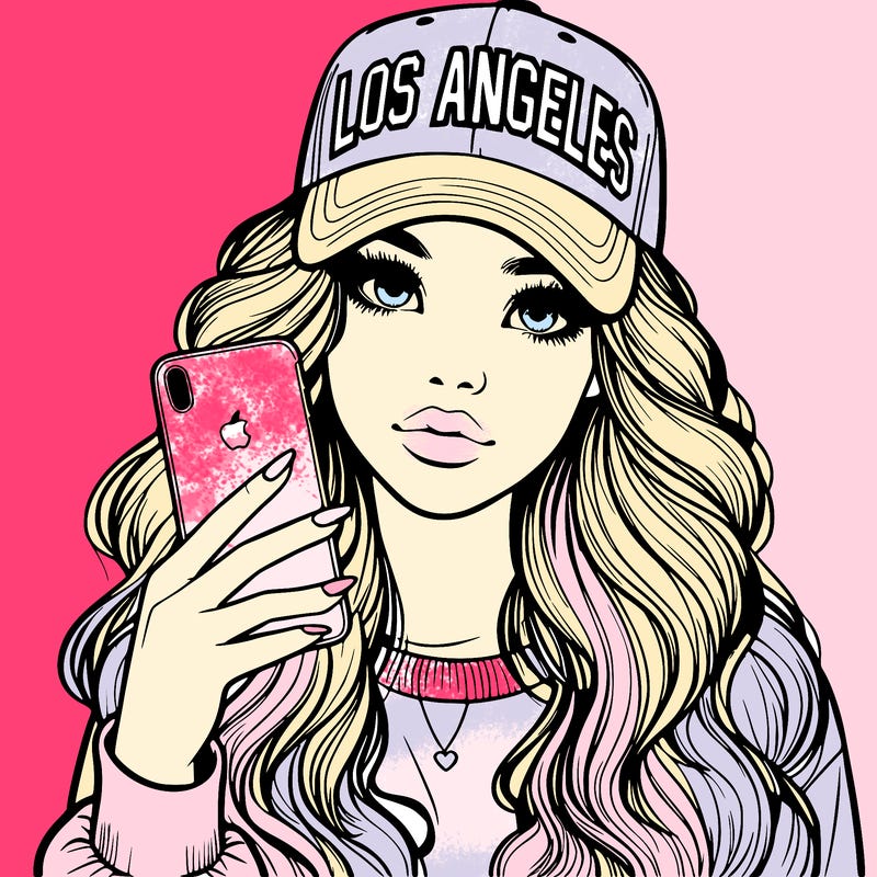 realistic beautiful girl wearing los ángeles cap holding an iphone