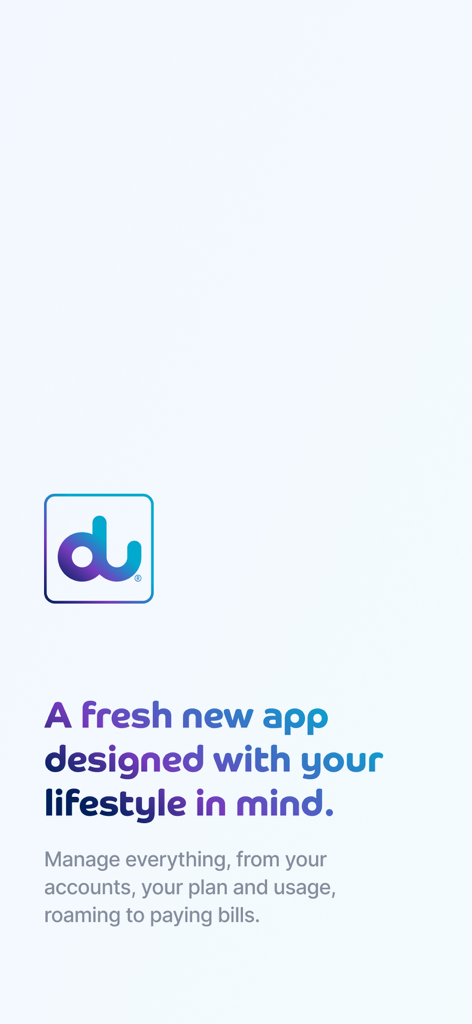 du - A tela de boas-vindas do aplicativo du destacando o gerenciamento de estilo de vida e conta