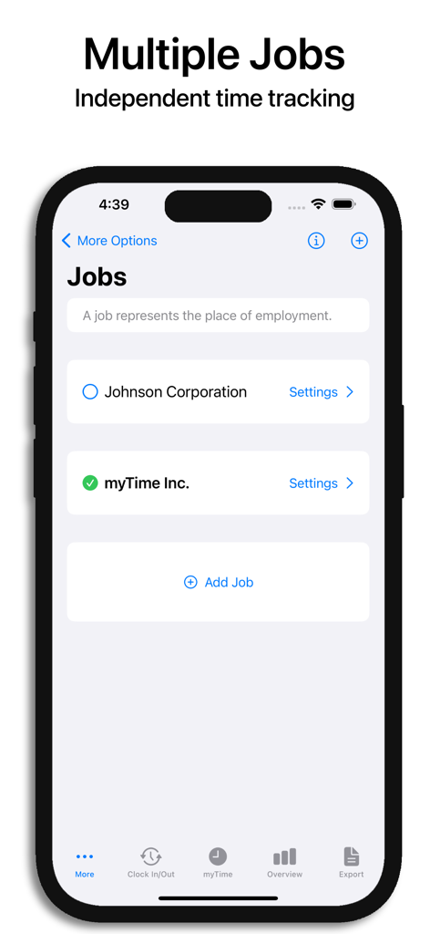 Hours Tracker - myTime - Interfaccia dell'app Hours Tracker che mostra la gestione di più lavori per il tracciamento del tempo indipendente