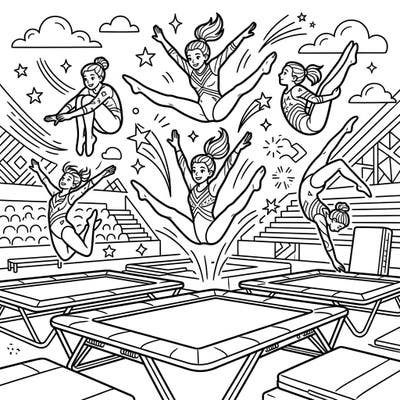 Get ready for high-flying fun with this exciting trampoline gymnasts coloring page! Young artists aged 4-8 will love bringing these dynamic athletes to life with their favorite colors.