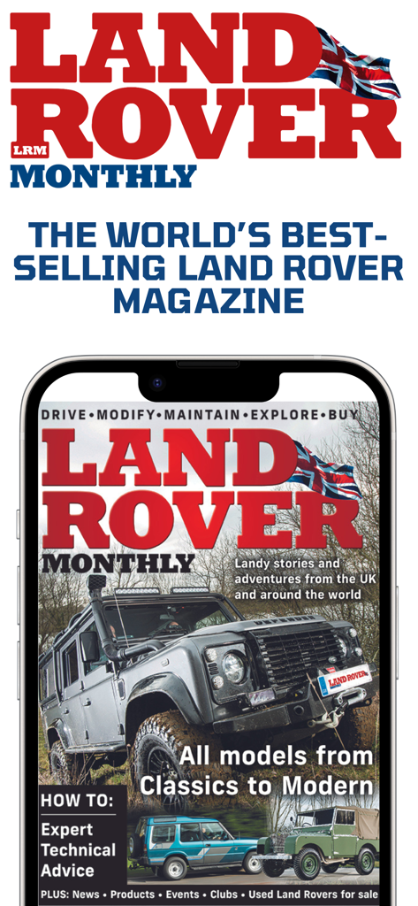 Land Rover Monthly - Land Rover Monthlyマガジンアプリのインターフェース。オフロードのDefenderと技術アドバイスセクションが表示されています。
