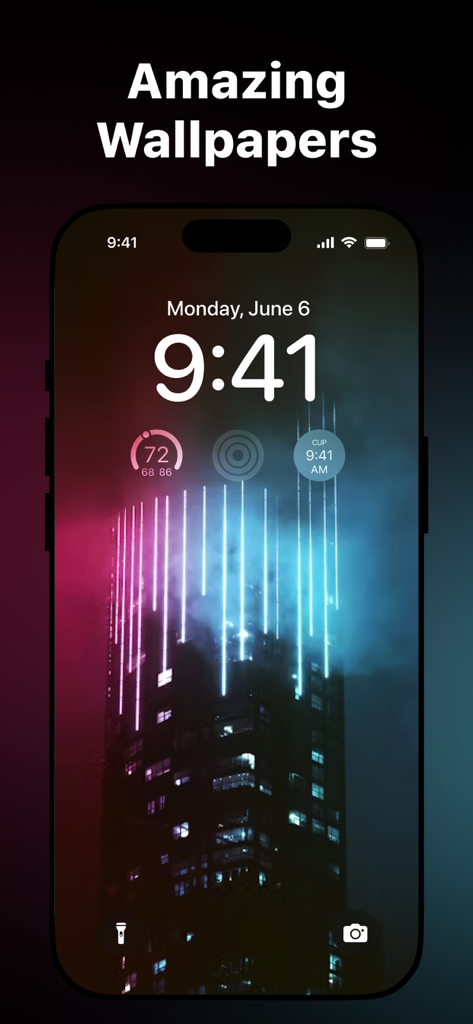 Wallpapers HD, 4K and Live - Pantalla de bloqueo de iPhone que muestra un fondo de pantalla futurista de un edificio iluminado con neón de la aplicación