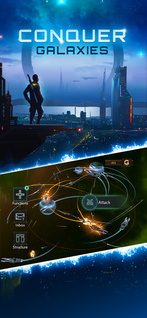 Stellaris: Galaxy Command - Stellaris Galaxy Command mobile app screenshot showing a futuristic cityscape and a tactical space battle map with ship movement trajectories