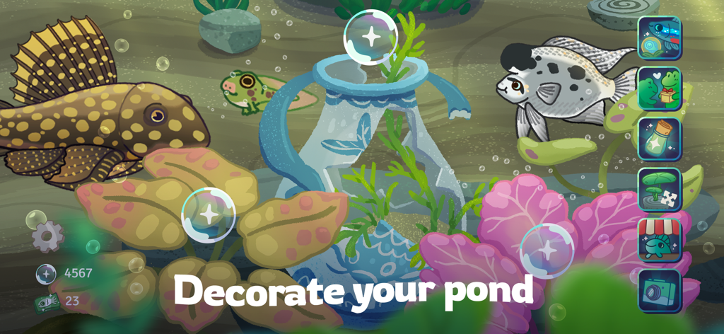 Pondlife — Relaxing Fish Game - Una colorida escena submarina del juego Pondlife que muestra varios peces y plantas con el texto Decora tu estanque.