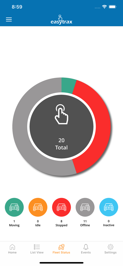 Easytrax GPS Tracking - Easytrax Mobile App Dashboard mit Echtzeit-Flottenstatus mit Aufschlüsselung der sich bewegenden, im Leerlauf befindlichen, gestoppten und offline Fahrzeuge